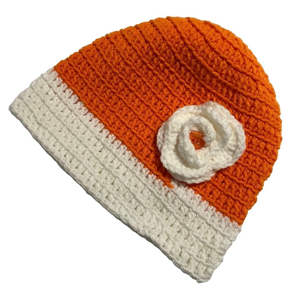Womens Handmade Crochet Beanie Hat Tennessee Vols Orange White w Flower Rosette